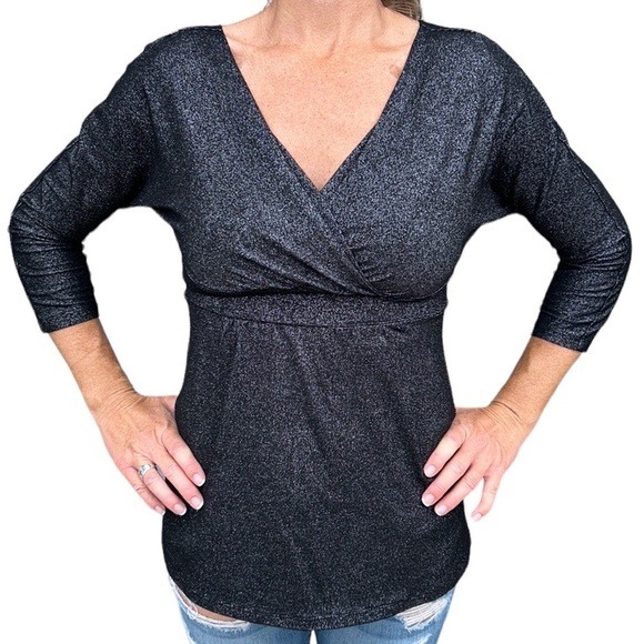 Express | Metallic Shimmer Blouse Deep V-neck 3/4 Sleeve Black/Silver S - Picture 1 of 7